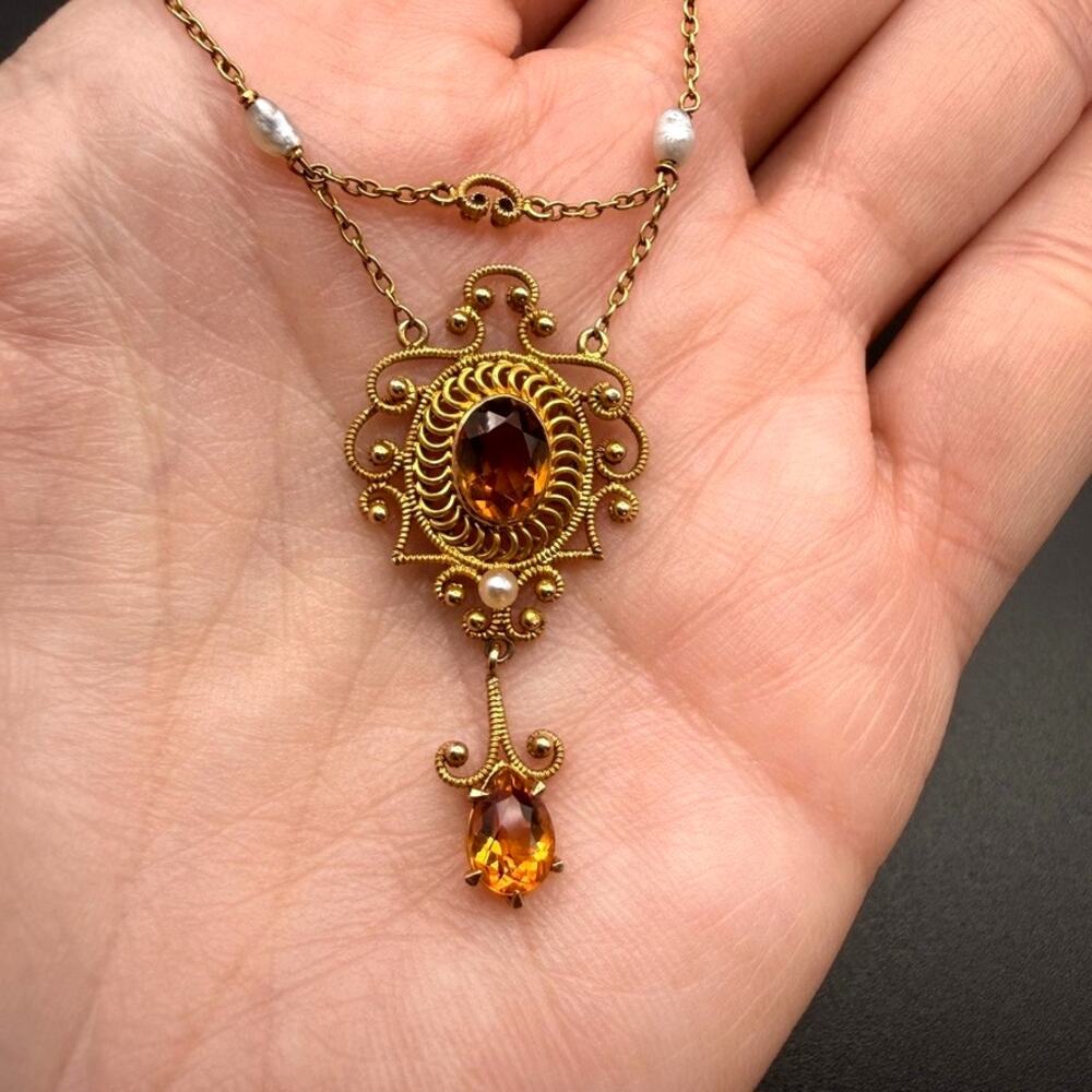 Antique Victorian 16k Gold Citrine Seed Pearl Lavaliere Necklace Filigree Drop